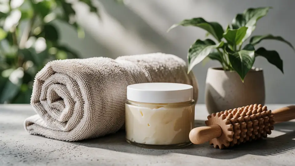 Geste de massage léger réalisé avec les deux paumes sur un mollet à la peau saine