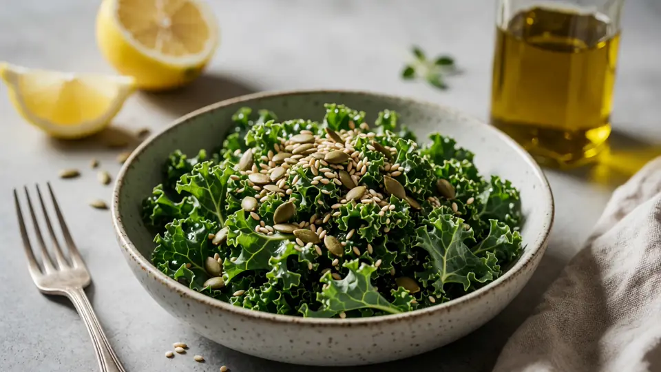 Illustration naturelle sans portrait pour Recette chou kale croustillant pour une salade saine et rapide