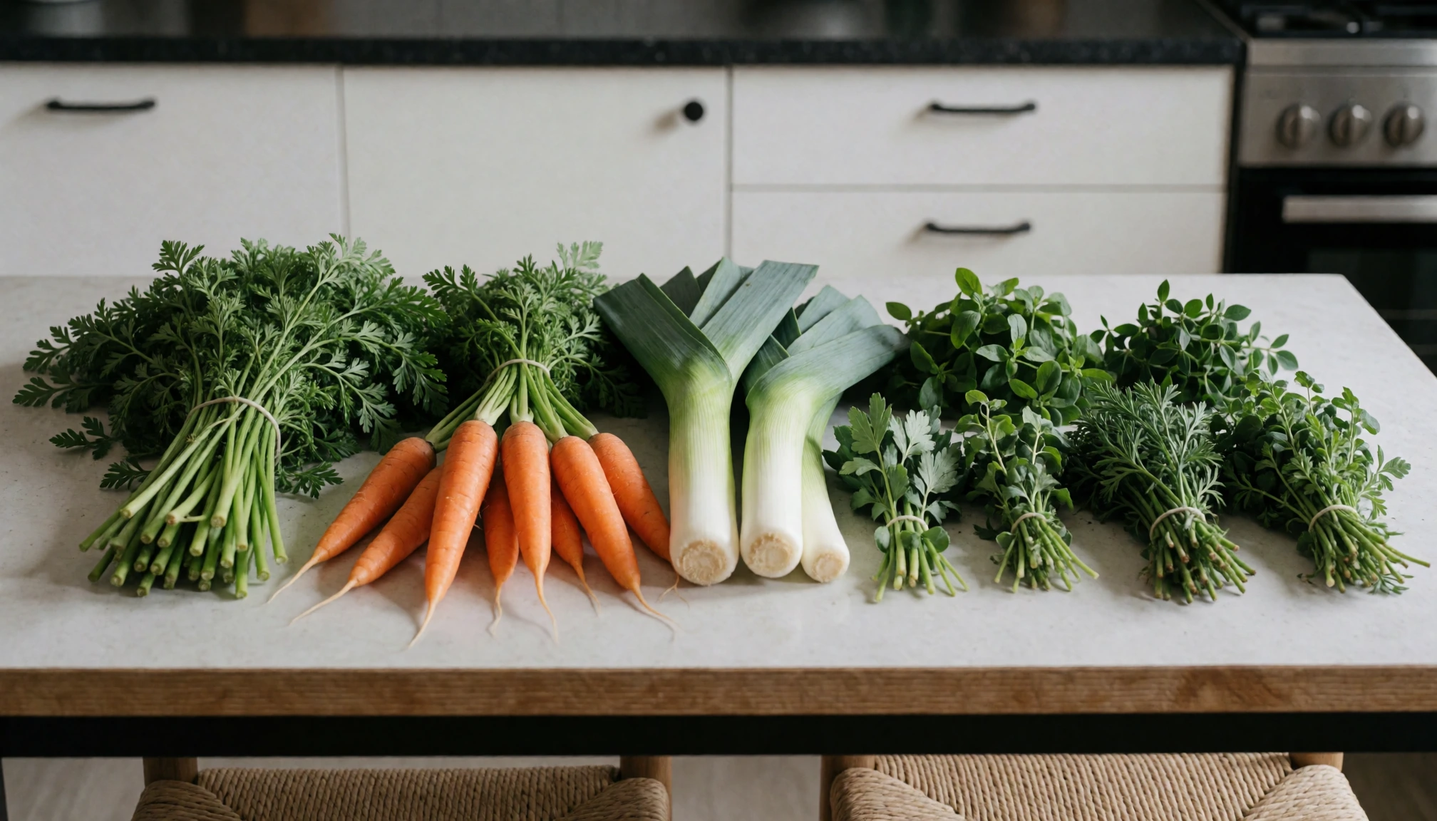 Légumes et fanes préparés sur un plan de travail pour une cuisine anti-gaspillage