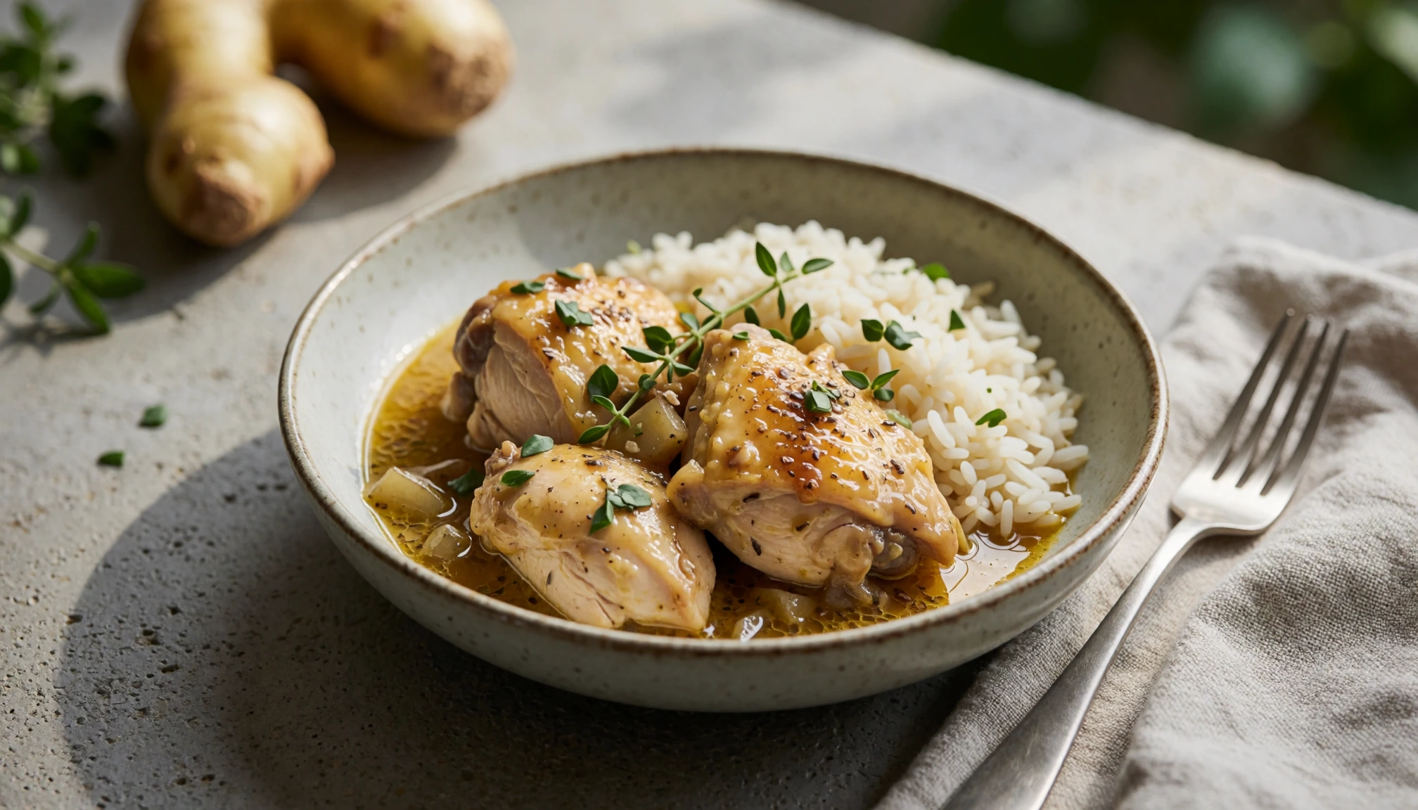 Illustration naturelle sans portrait pour Recette de poulet au gingembre : Rapide, juteuse et parfumée