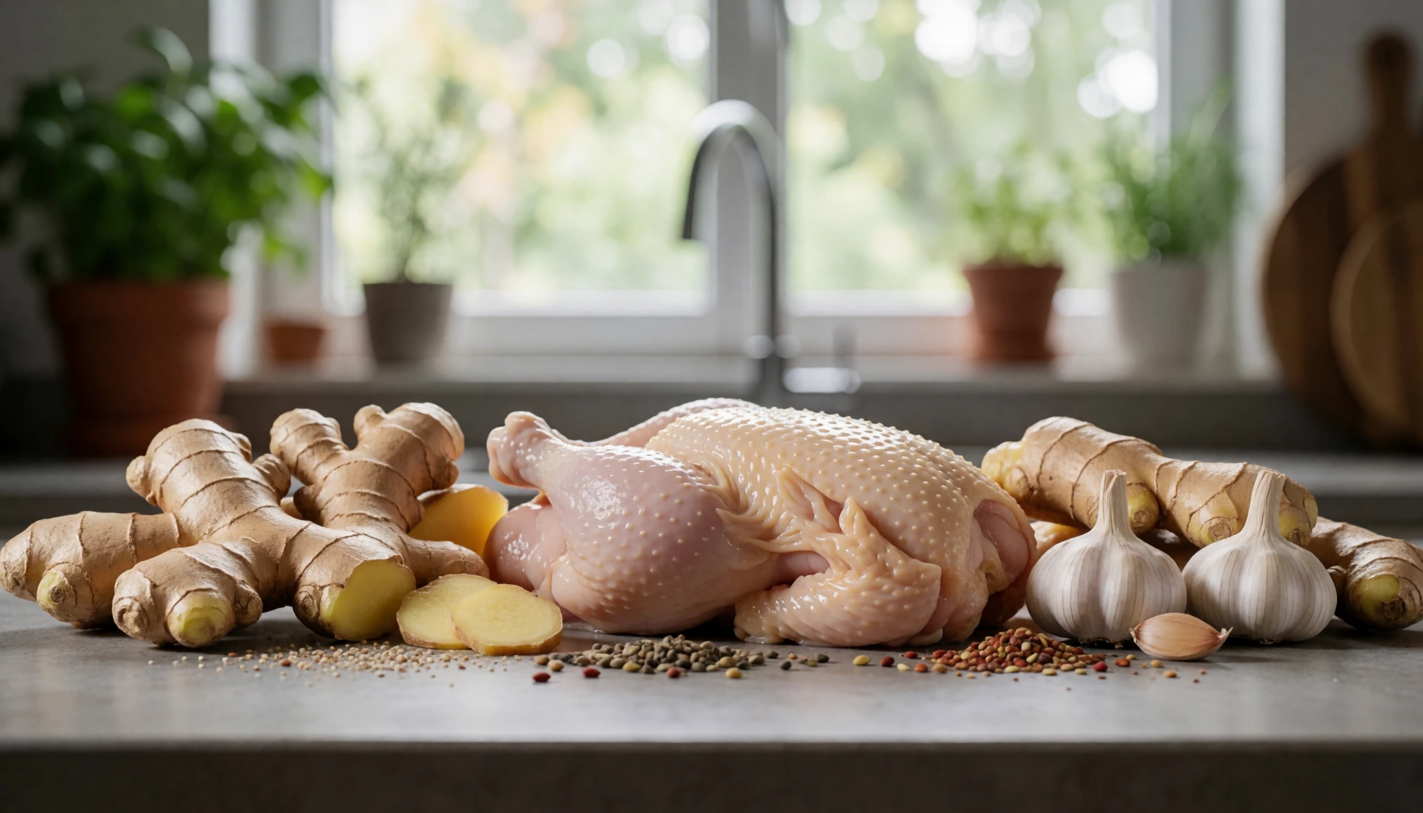 Détail naturel sans personne autour de Recette de poulet au gingembre : Rapide, juteuse et parfumée