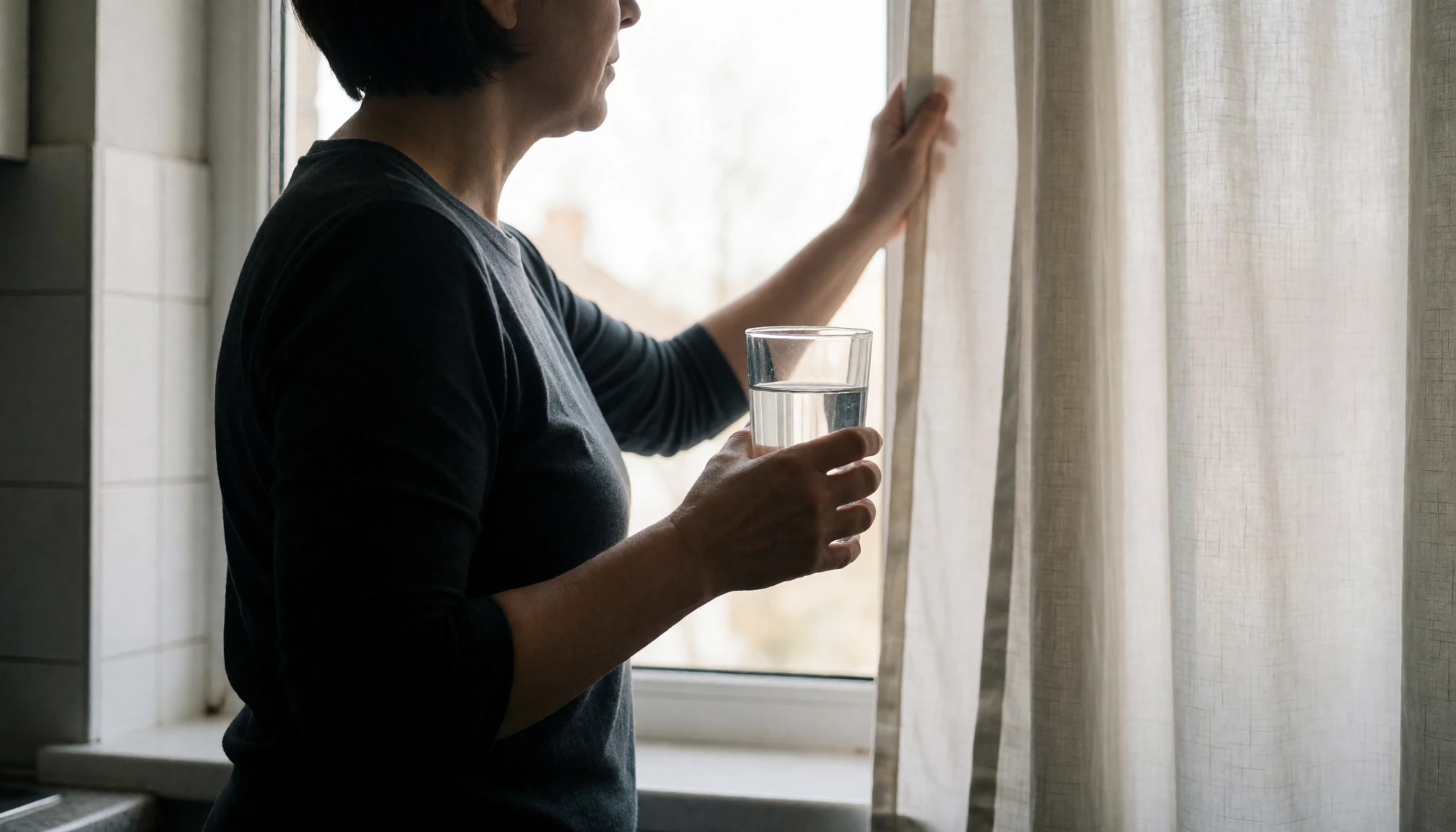 Routine matinale simple avec lumière naturelle et verre d’eau