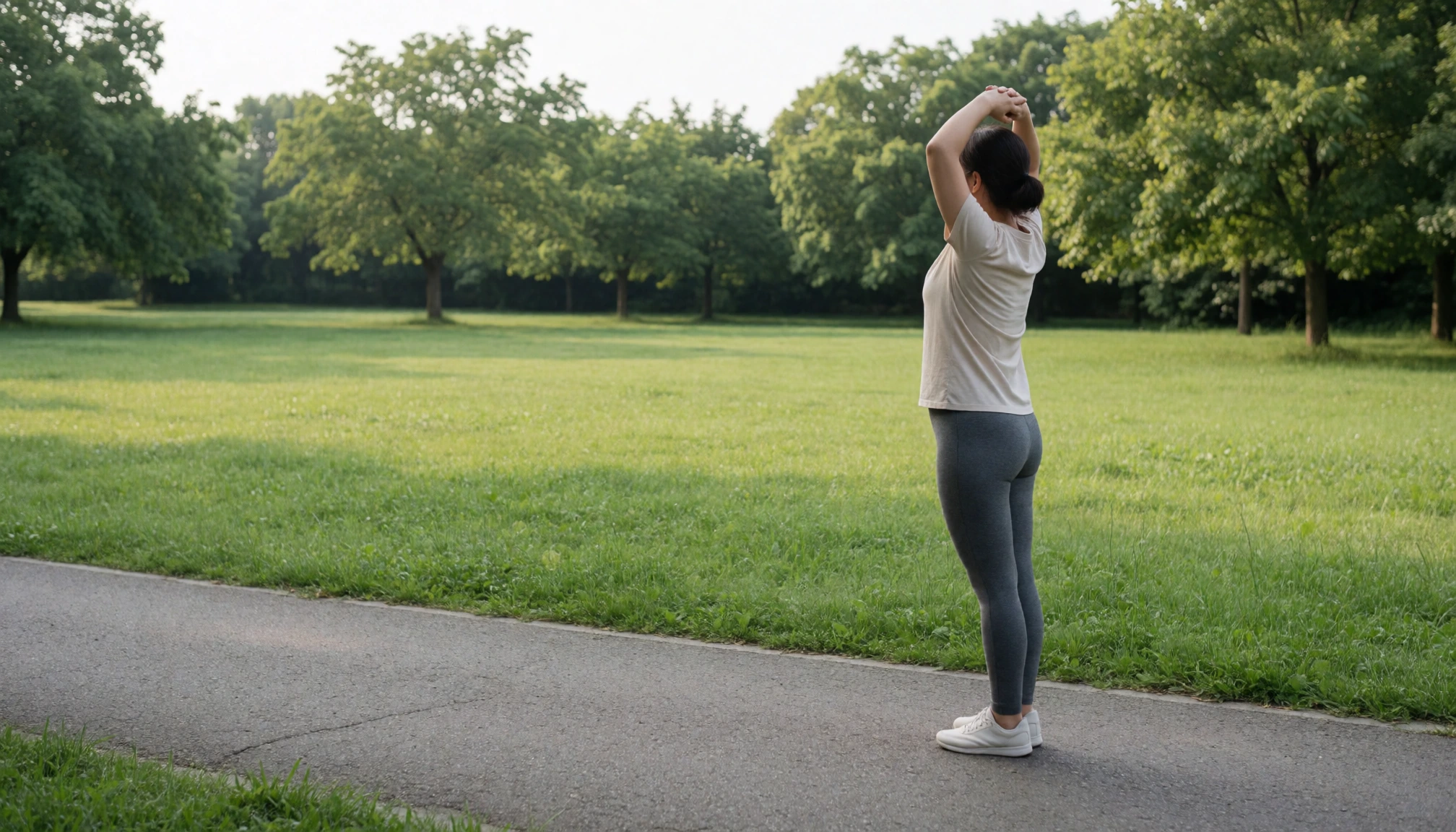 Étirement doux au grand air après une marche matinale
