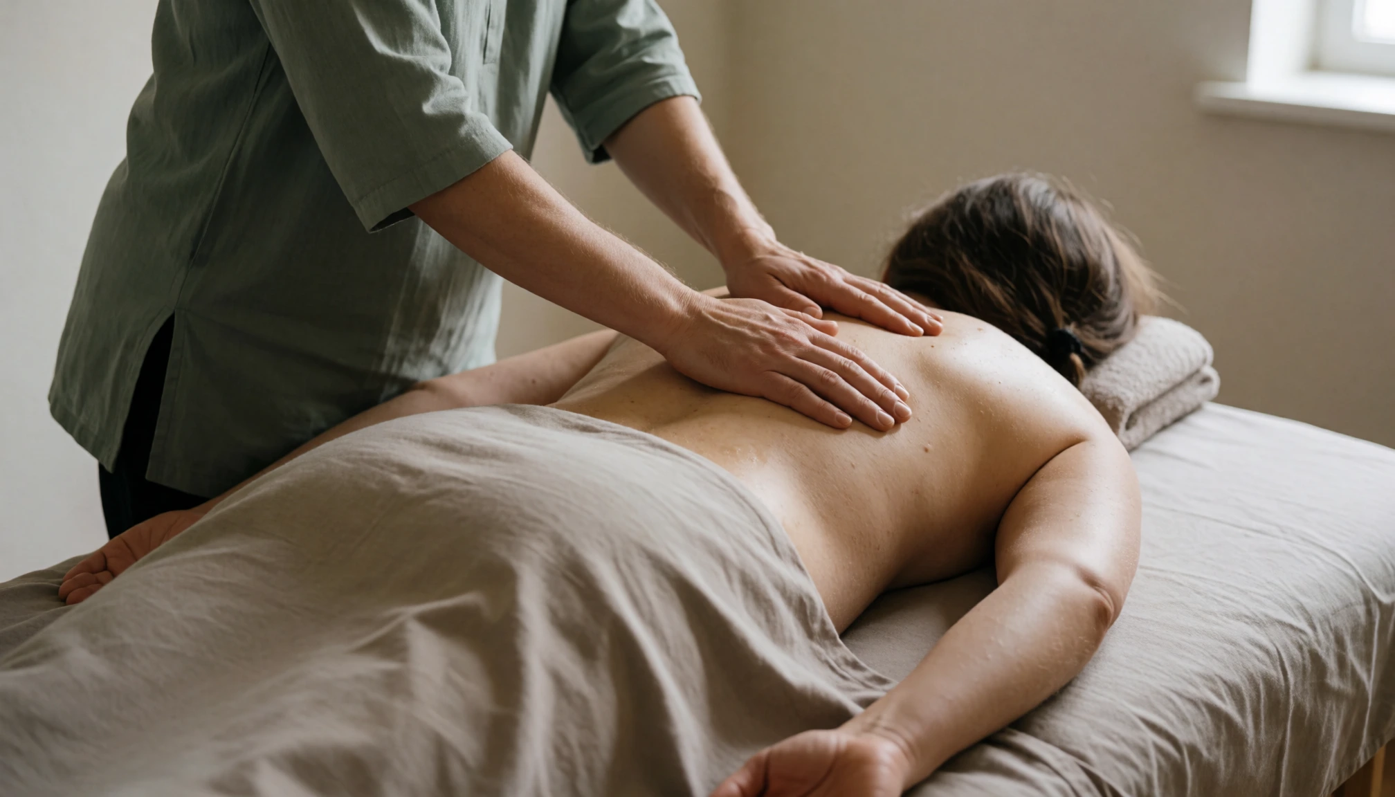 Massage de détente du haut du dos réalisé par une praticienne