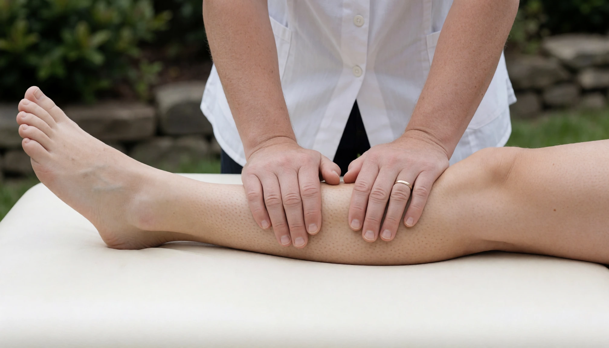 Geste de massage léger réalisé avec les deux paumes sur un mollet à la peau saine