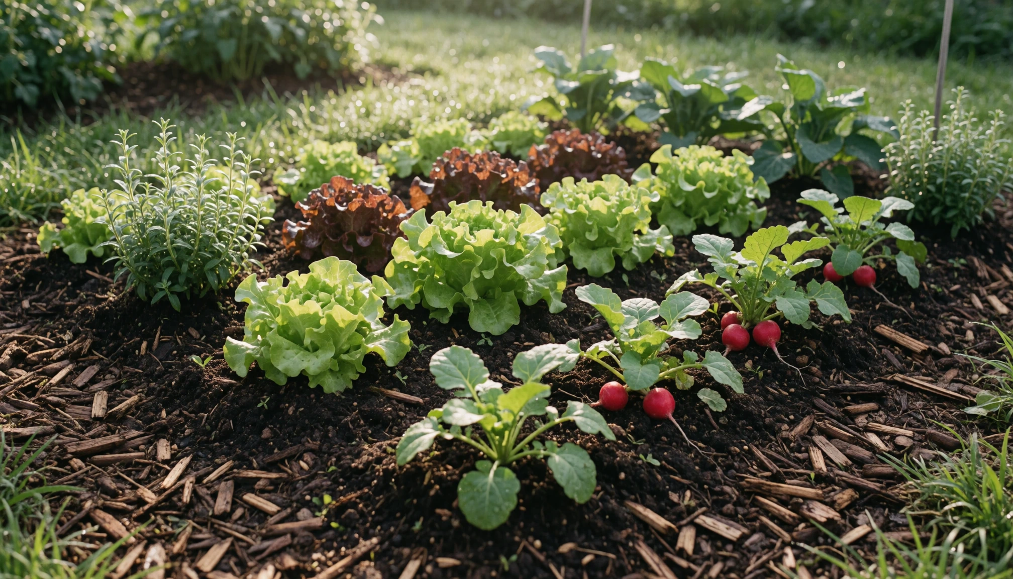 Potager naturel avec salades, aromatiques et radis