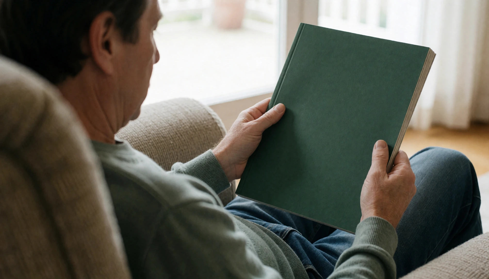 Lecture attentive d’une publication bien-être dans un salon lumineux