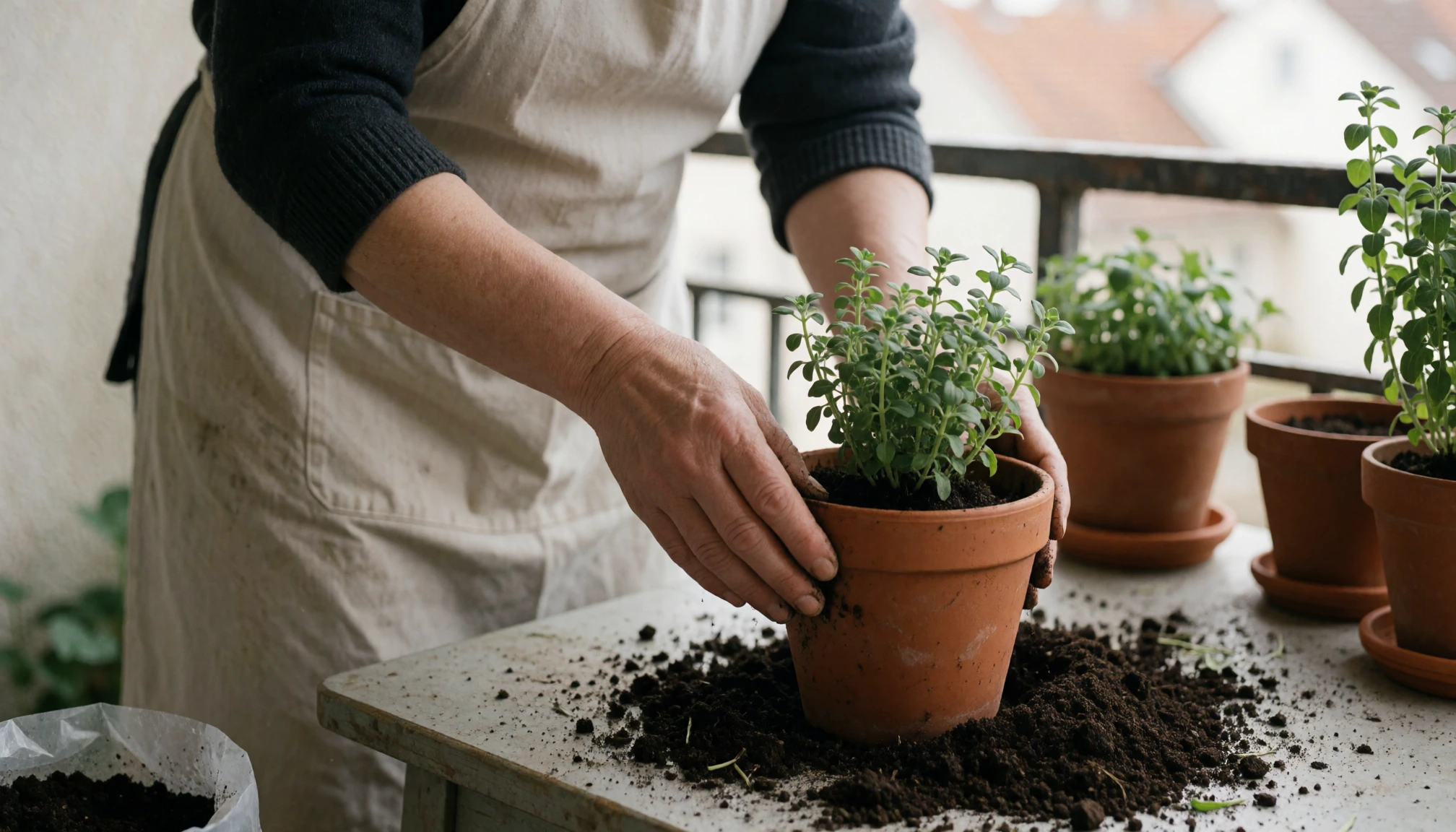 Rempotage d’une plante aromatique comme activité manuelle sur un balcon