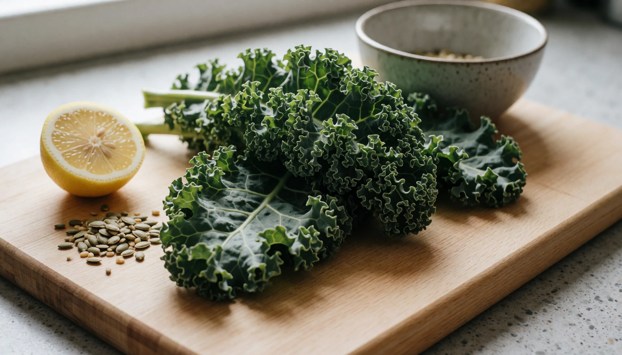 Scène éditoriale sans texte liée à Recette chou kale croustillant pour une salade saine et rapide
